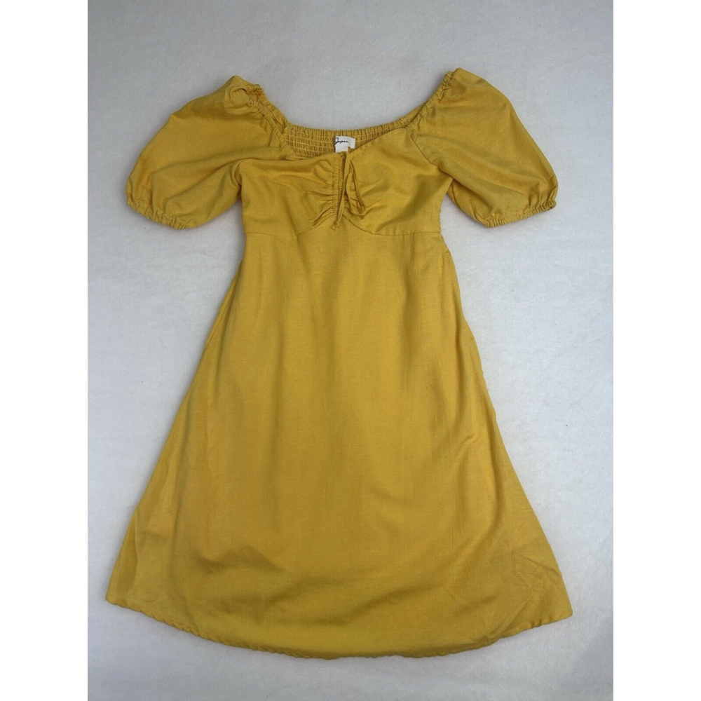 Japna Linen Blend Puff Sleeve Babydoll SunDress Smocked Date Night Boho Romantic